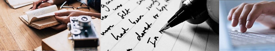 Banner of a book in someone's hands, ink pen writing on paper, and hands typing a computer keyboard.